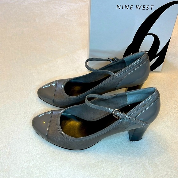 Nine West High Heel Shoes Slate Gray Size 7.5 Patent Toe/Heel Ankle Strap GREAT - Picture 2 of 14
